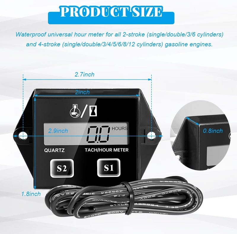 BWBWND Small Engine Tachometer, Waterproof Inductive Hour Meter for 2 Stroke 4 Stroke Small Engine, Digital Display RPM Tach Gauge for Chainsaw Marine ATV Motorcycle UTV Generator - Image 2